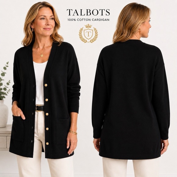 Talbots Sweaters - Talbots Vintage Black Knit Cardigan Jacket Gold Crest Buttons Pocket Large 90s